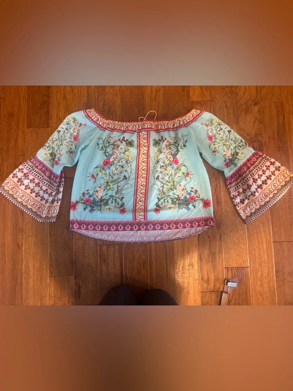 Umgee Mint Off-Shoulder Floral Peasant Blouse with Coral Trim - Picture 7 of 7